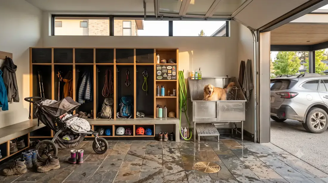 The 50-Footer — Gear room + dog-wash — entry from garage