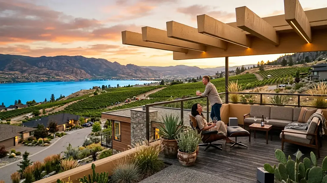 Kaufmann Desert House — rooftop gloriette deck at sunset, vineyard and lake views