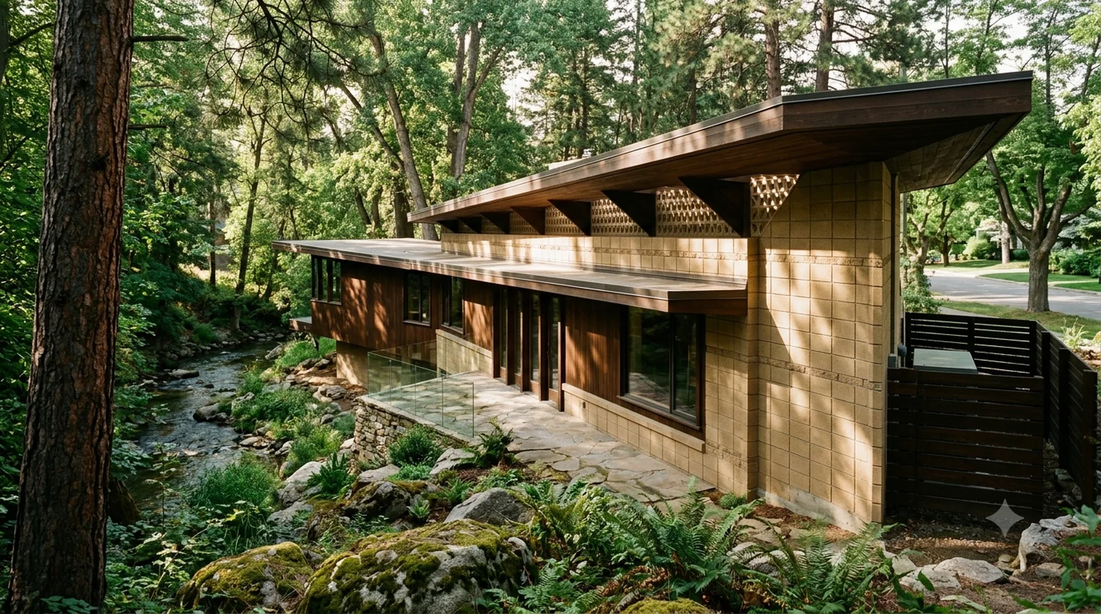 Palmer House — Wright, 1950: a triangular-module Usonian half buried in the trees on a Lower Mission creek lot.