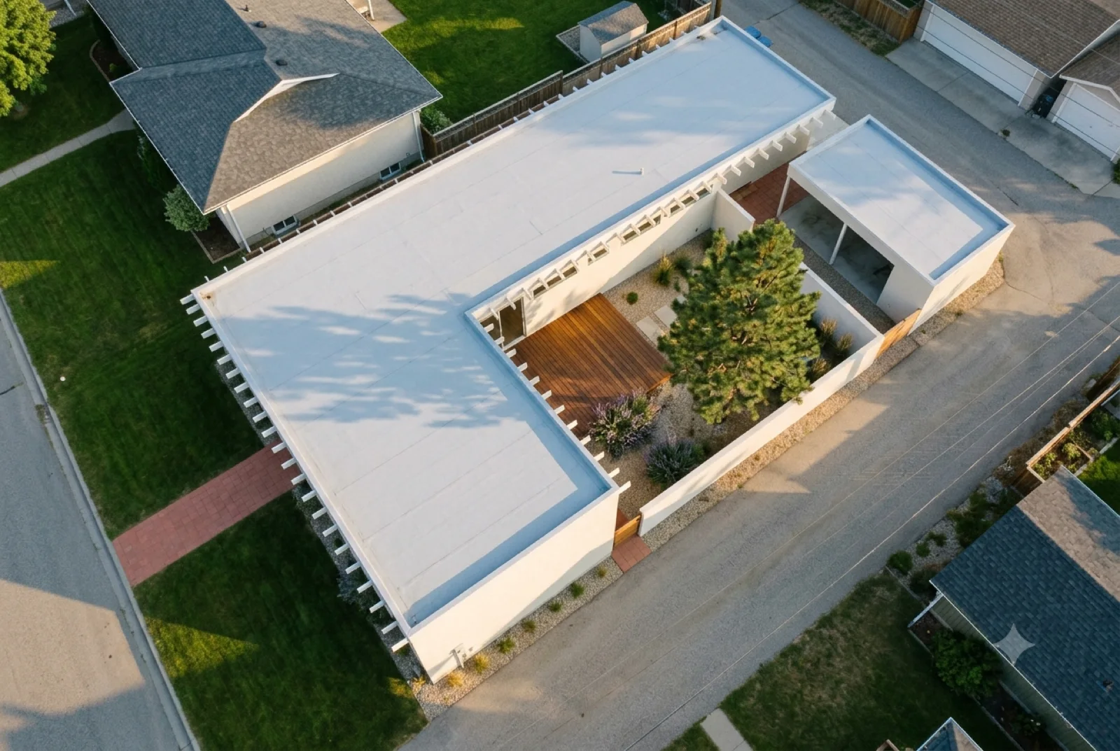 The whole lot at once, House, court and pool as one white figure on the parcel, the setback and yard legible from straight up.