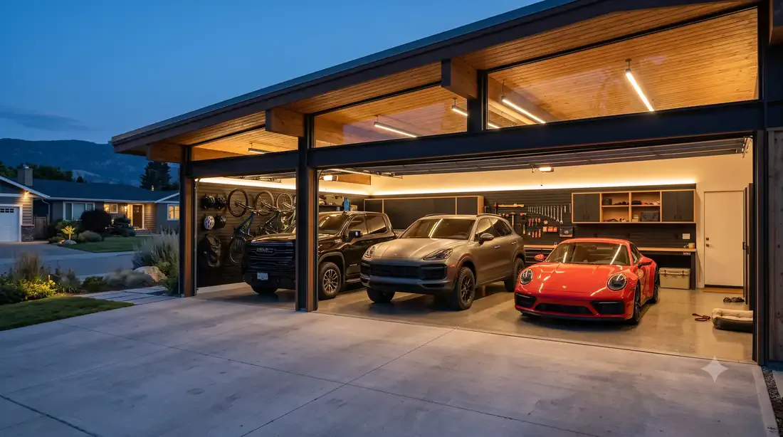 The Glenmore Butterfly — 3-car garage — Sierra AT4X, Cayenne, 911, warm integrated lighting