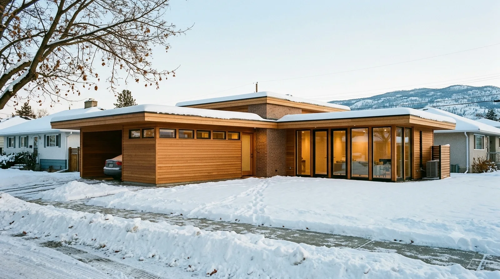 Jacobs House I — Wright's first Usonian, 1937, in first snow on a 40 foot downtown lot. Carport, not garage.