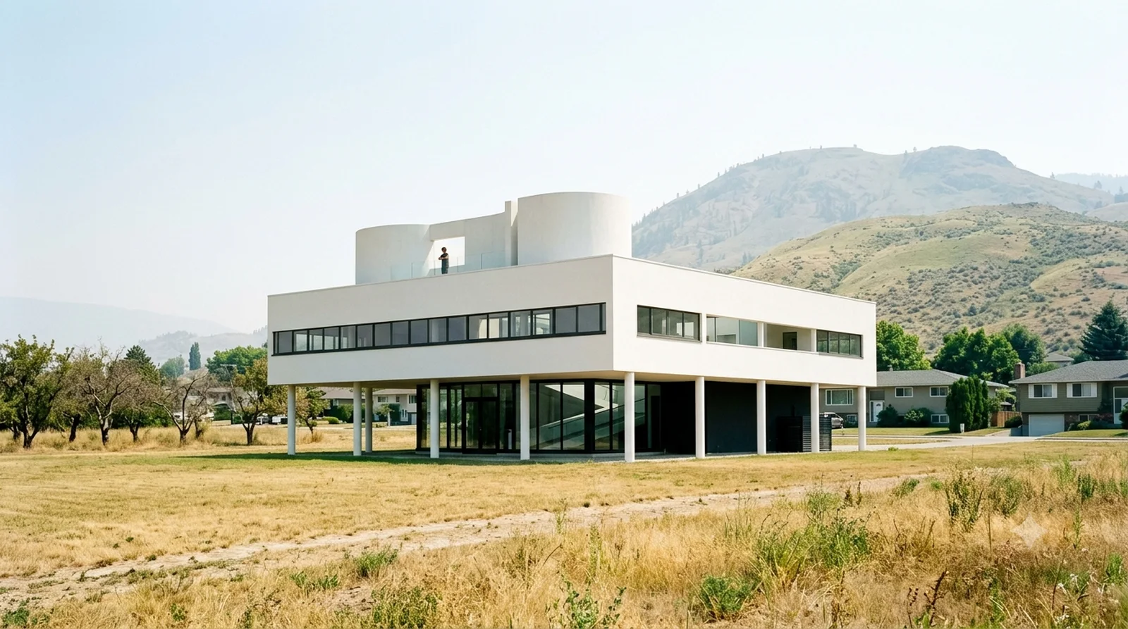 Villa Savoye — Le Corbusier, 1931, floating on pilotis over dry Glenmore grass in high summer haze.