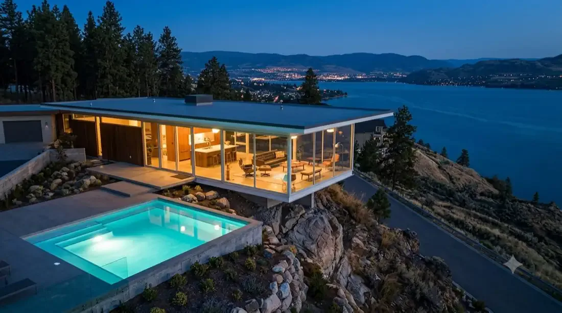 Stahl House — bluff dusk — L-pool lit, lake going pewter below