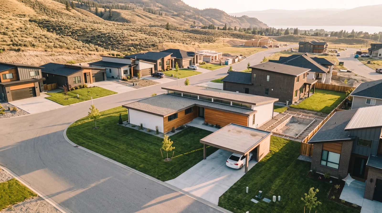 The Rutland — a just-completed cedar-and-white L-plan with clerestory glass, fresh sod and a stubbed foundation next door ready for the next module