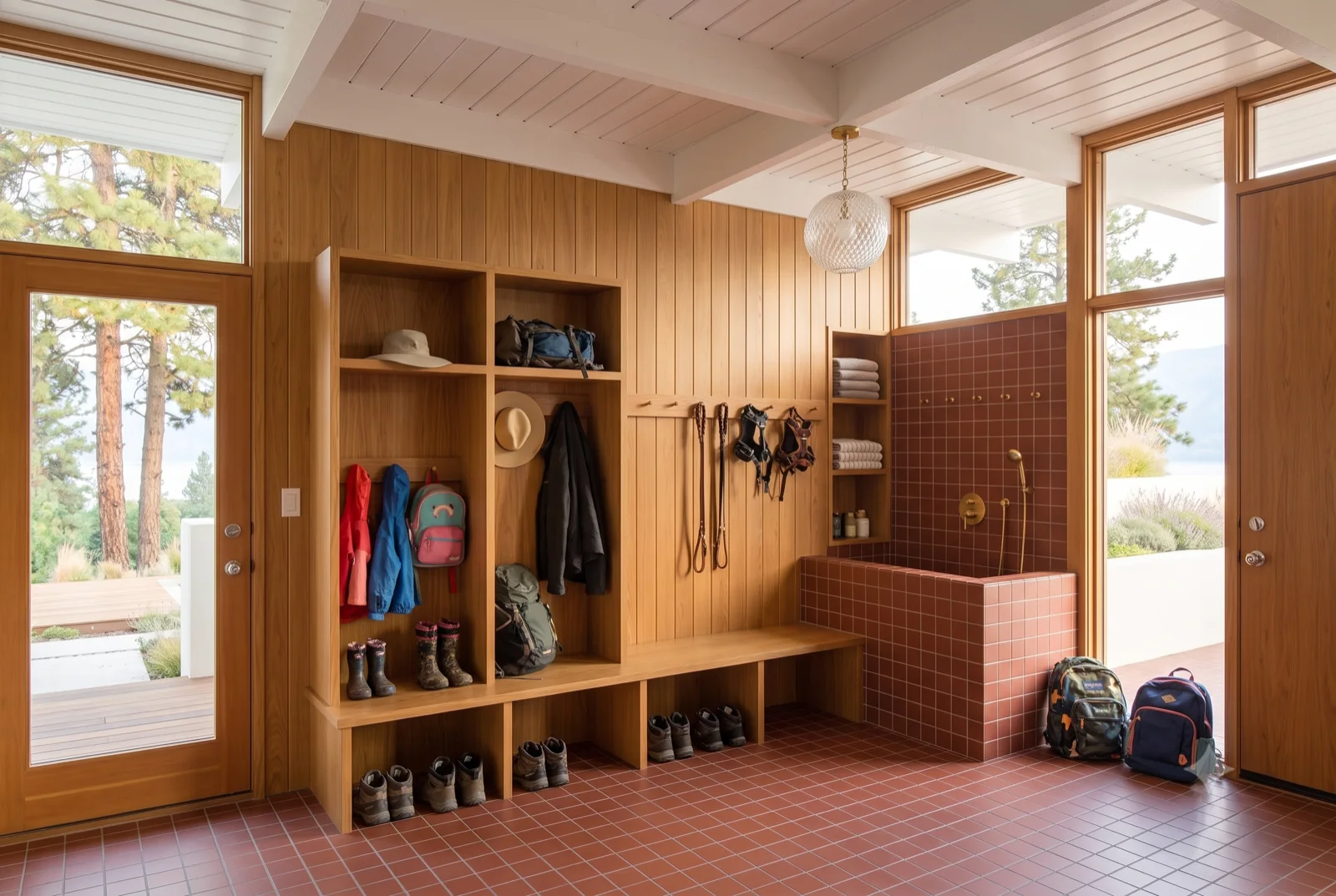 The mudroom, A wall of boots and gear on the spine to the door, tiled bench, terracotta ready for wet season.