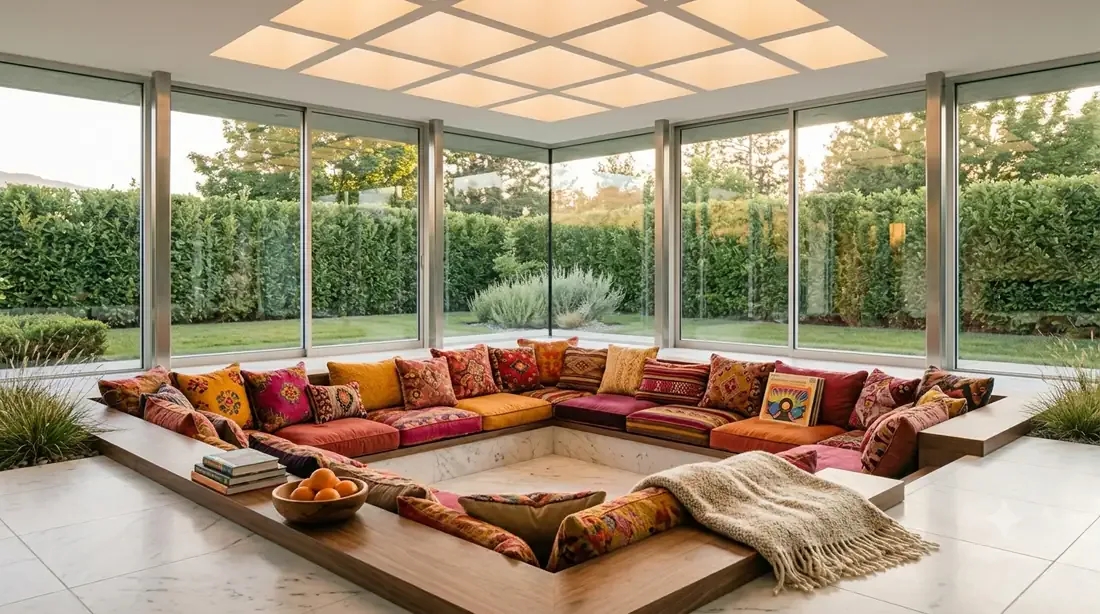 Miller House — The sunken conversation pit — Girard cushions, hedge garden beyond