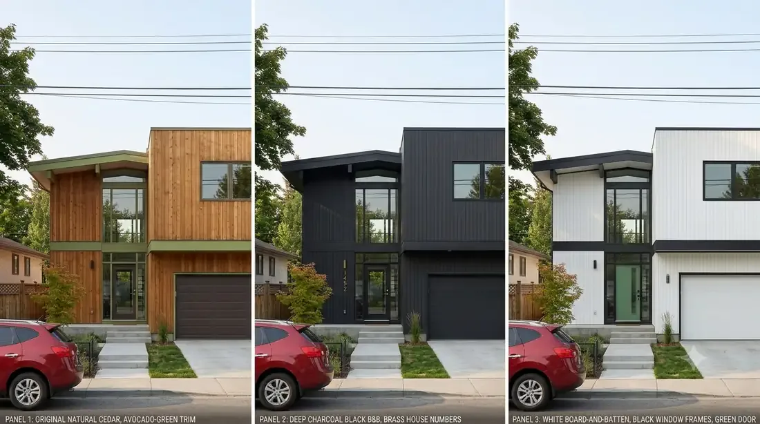 The Glenmore Eichler, Siding Study — same house, three siding colors — cedar / charcoal / white