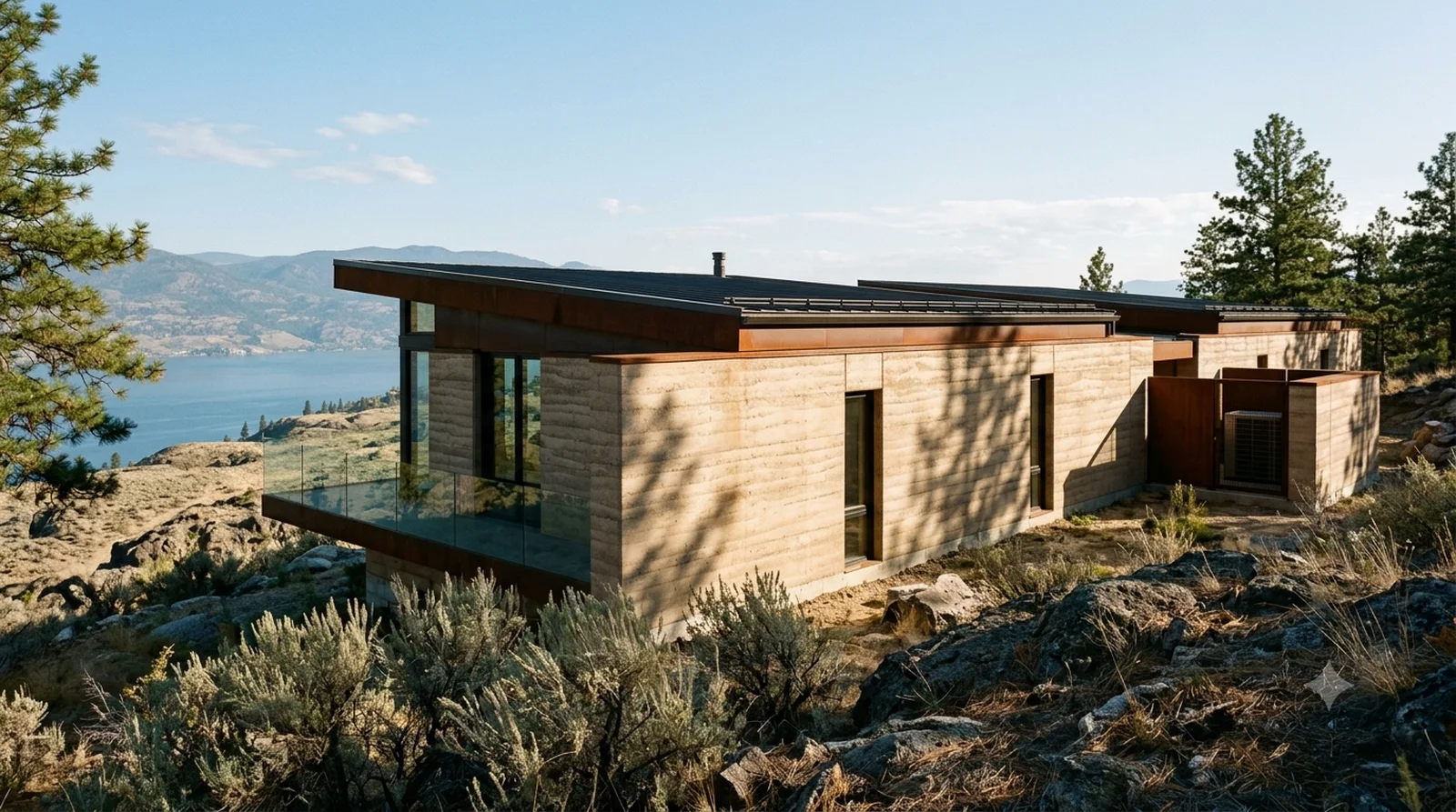 Tucson Mountain House — Rick Joy, 1999: rammed earth lift lines and weathering steel, set softly on a Wilden slope.