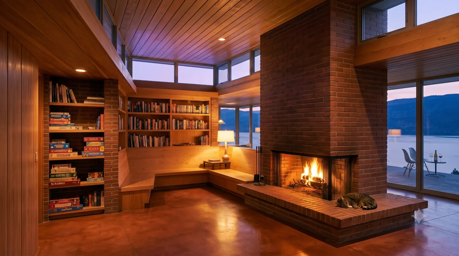 The Kelowna Usonian — the brick-hearth heart — fire burning, cat on the bench, lake beyond