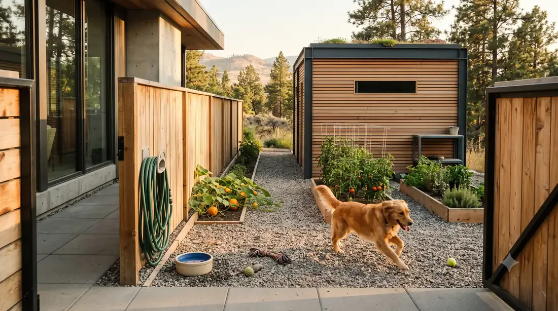 Neutra VDL, Side Yard — dog run + garden shed + raised veg beds