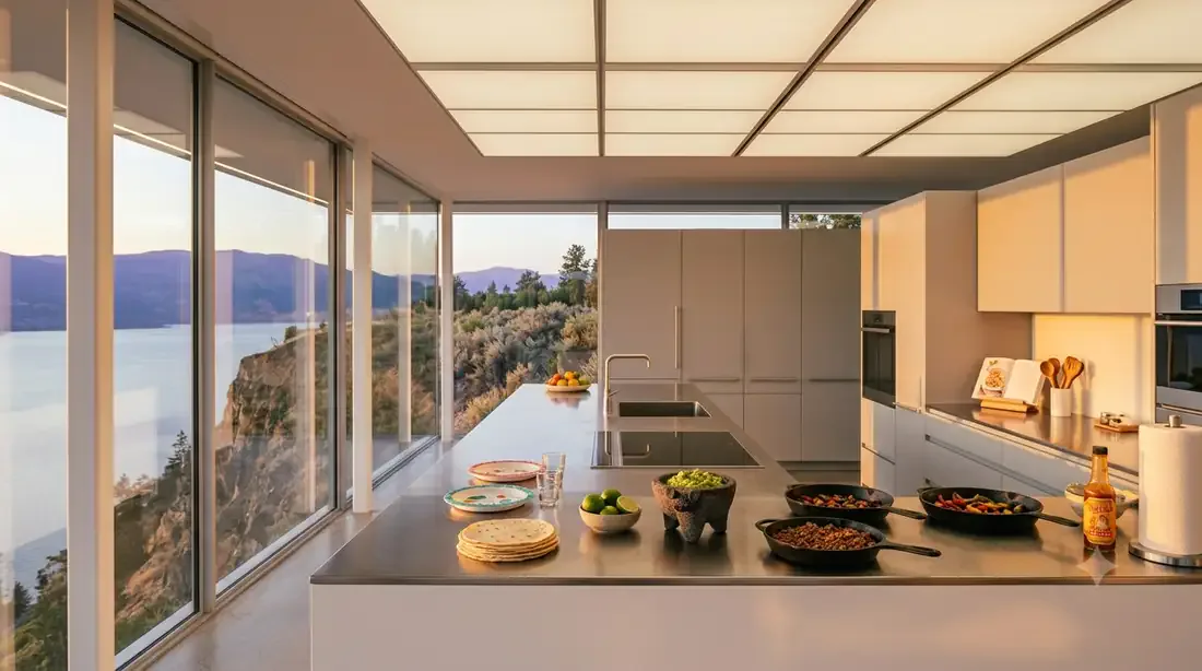 Stahl House — Kitchen island — taco night, the lake beyond the glass