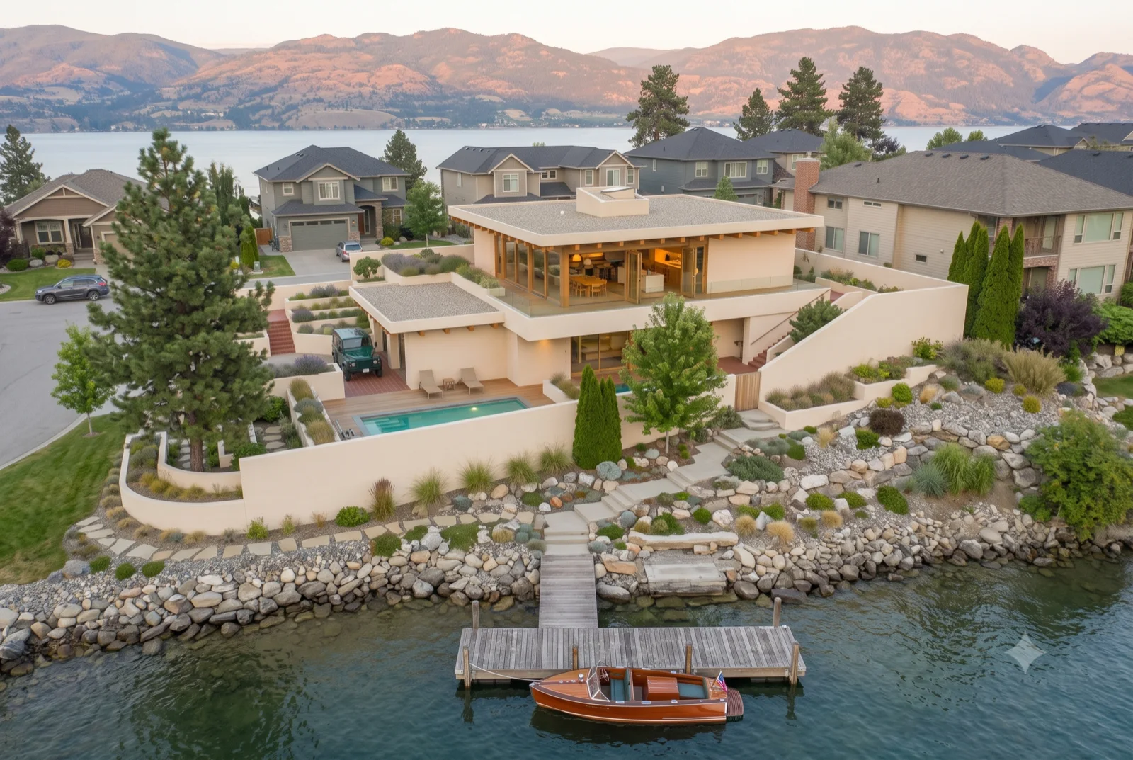 Your own dock, A private dock and boat off the terraced yard, the house set back under pines, the lake glass-calm.