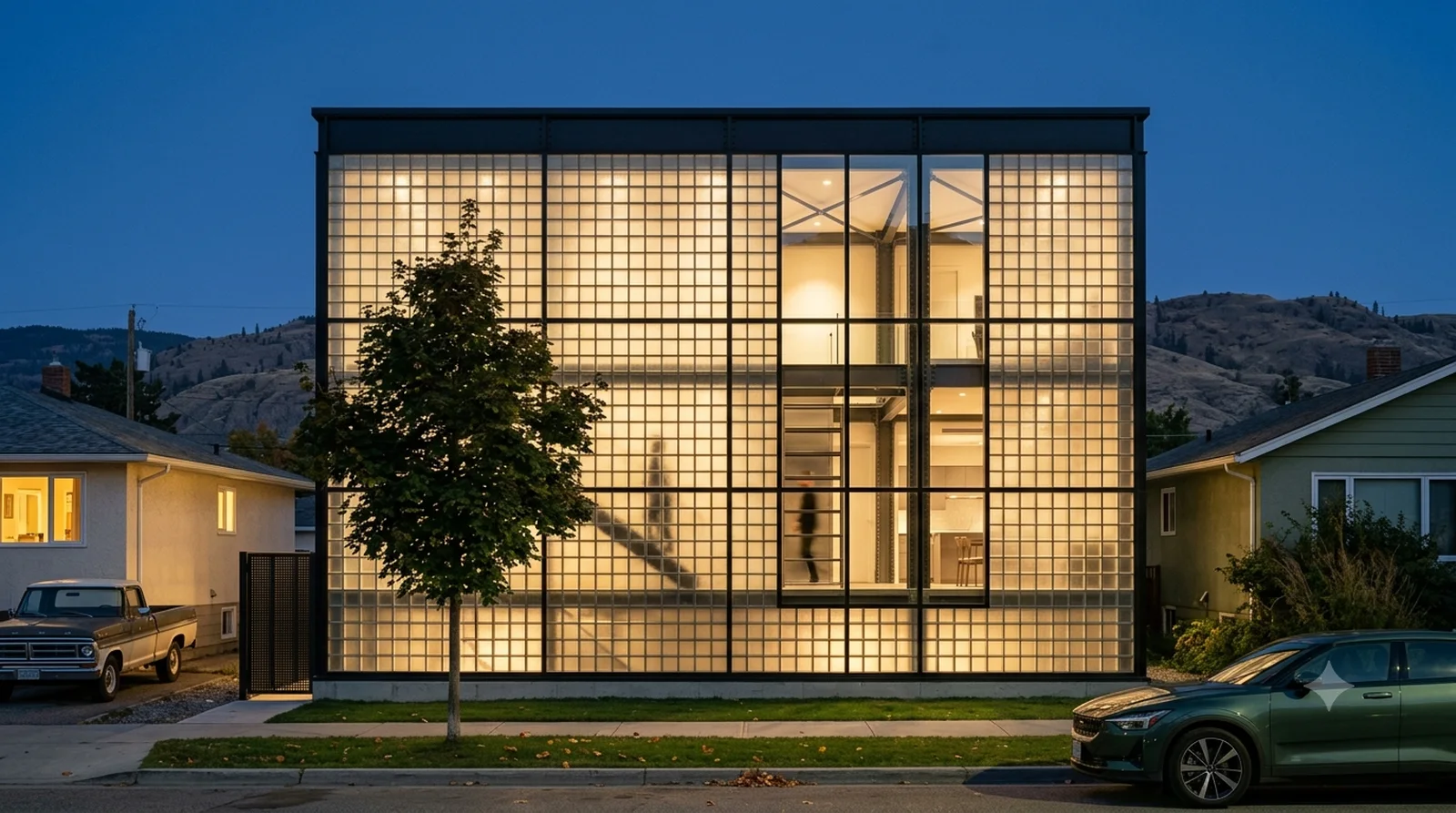 Maison de Verre — Chareau, 1932: a wall of glass block glowing between two bungalows on a 40 foot downtown lot.
