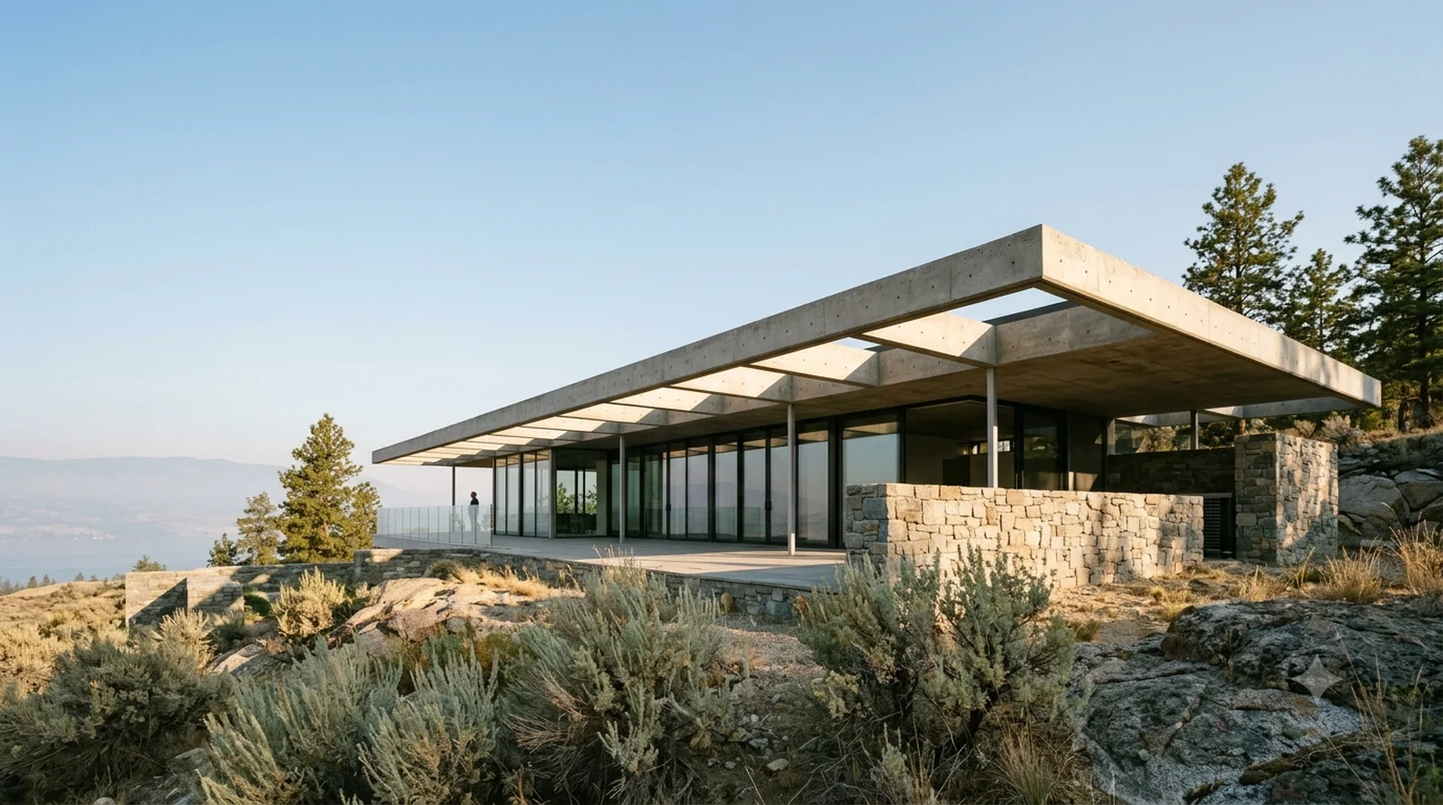 Tremaine House — Neutra, 1948: a concrete beam grid running straight out through the glass, Wilden benchland.
