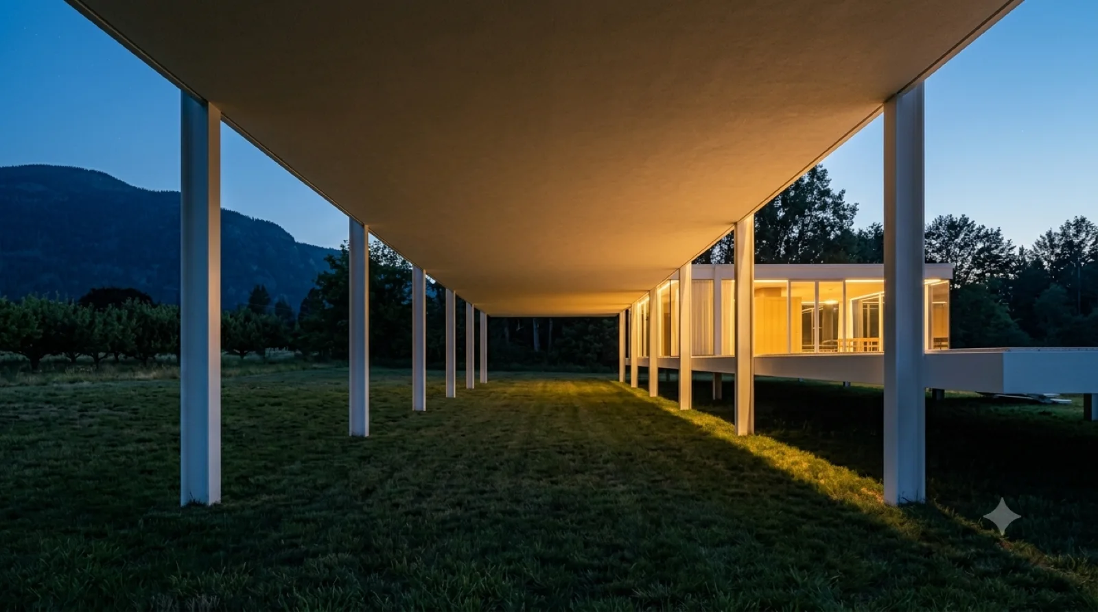 Under the floating floor — The white underside overhead, the row of columns marching away, warm light spilling down between them.