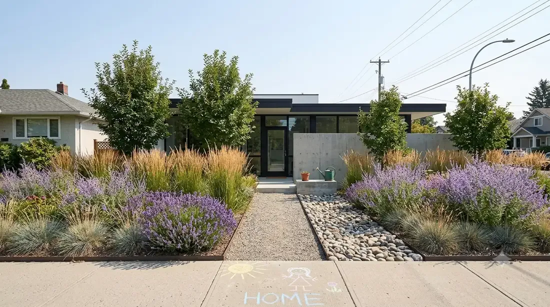 Case Study House #21 — xeriscape front yard — no lawn, river-rock swale, ornamental grasses, lavender