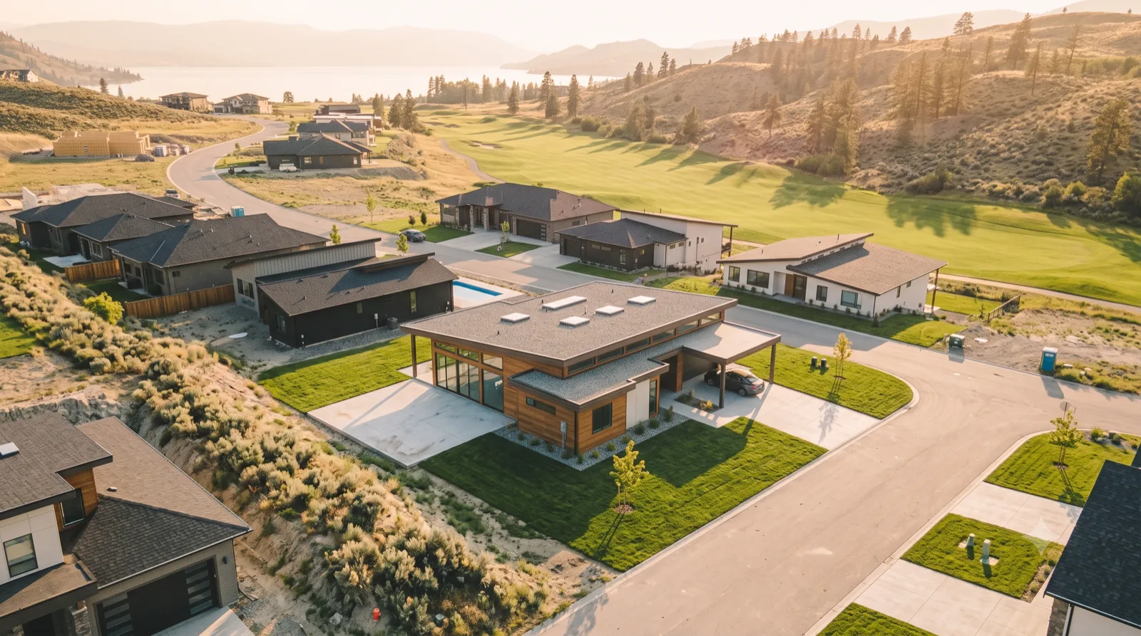 The Quail Ridge — a post-and-beam MCM opening to the green, carport and pool, with a slab pad set aside for a guest module