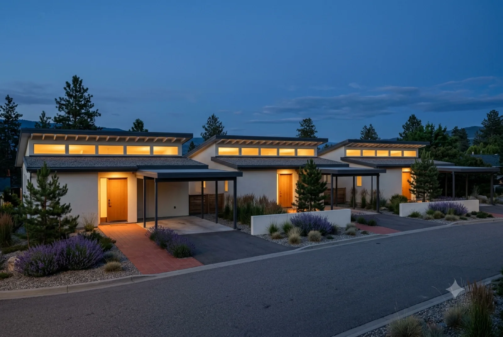 Down the street, The plan built along the block, warm windows against the dusk, the lake a band at the end of the road.