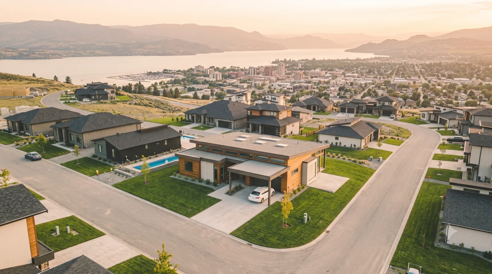The Dilworth — a wide low-roof Neutra-spirit home with a floating carport canopy and a pool aimed at the lake, an L-plan built to extend