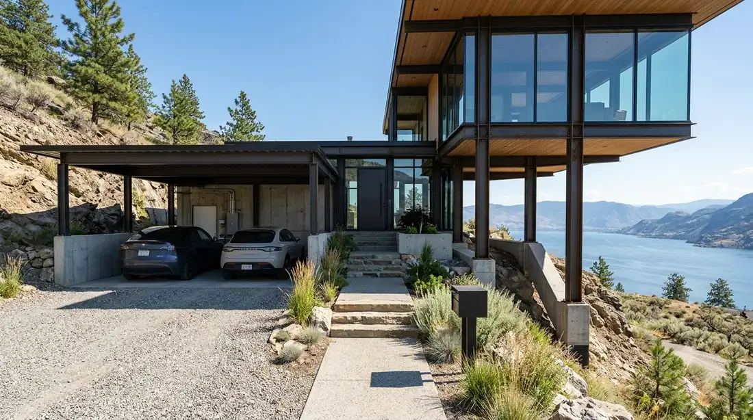 Stahl House — ground-level driveway approach — carport, entry, grade beams into the slope