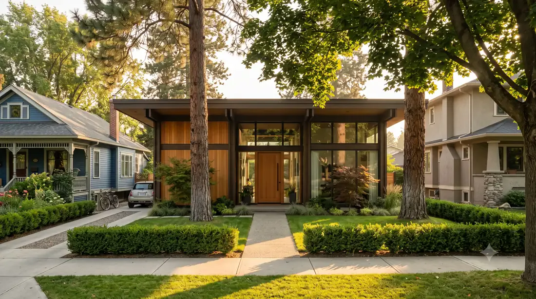 The Kelowna Ellwood — front view — steel-look-in-wood under mature trees