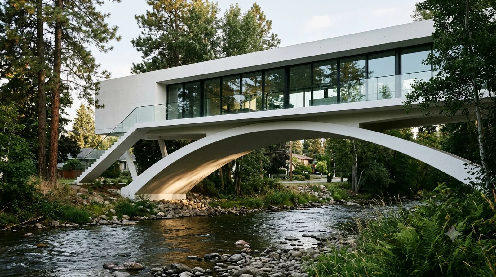 Casa del Puente — Amancio Williams, 1945: the whole house carried on one concrete arch over Mission Creek.