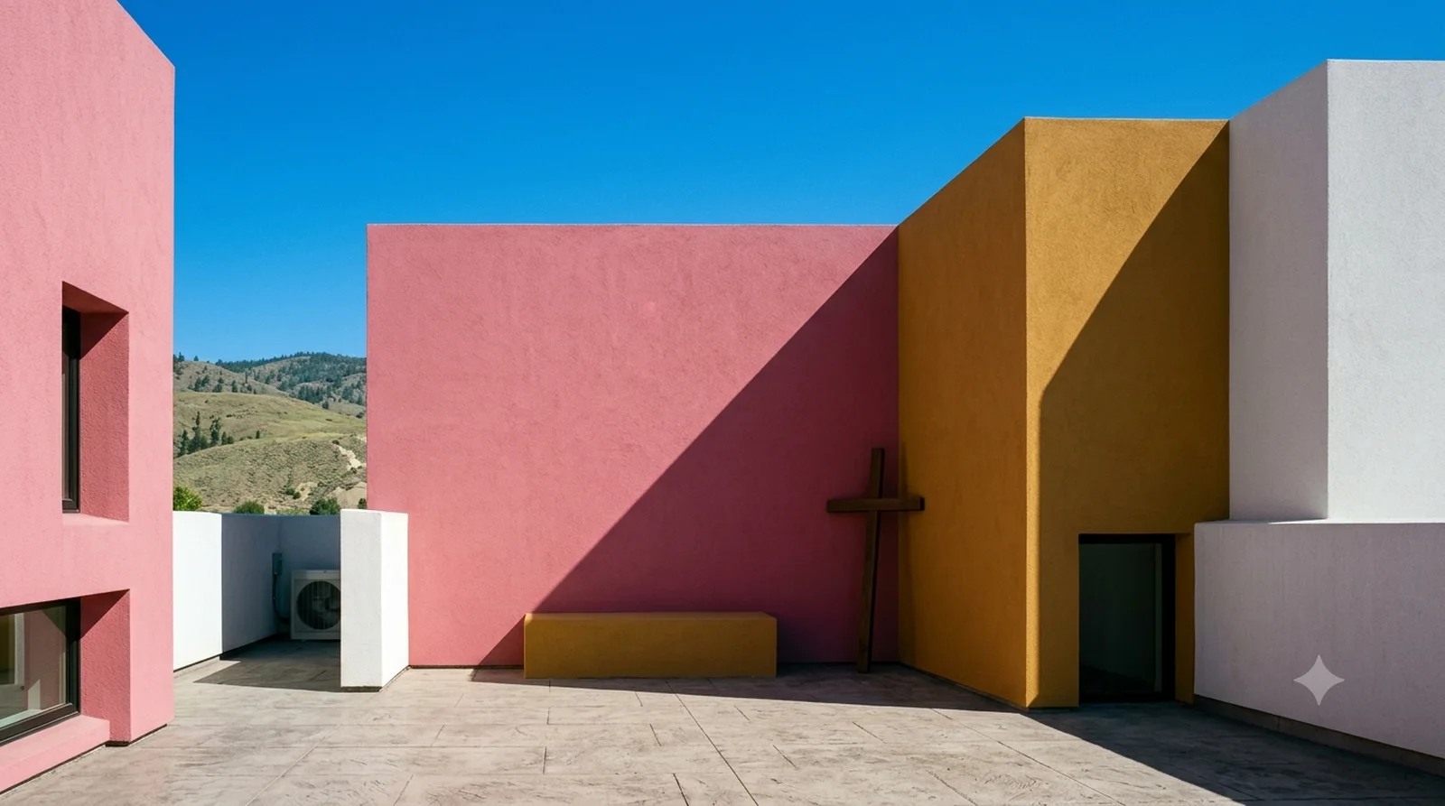 Casa Luis Barragan — Barragan, 1948: the rooftop room open only to the sky. Pink, ochre, white, nothing else.