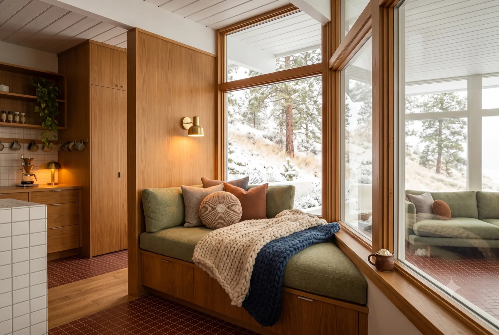 The window seat, A built-in walnut nook with a green cushion, glass on two sides, the valley past the sill.