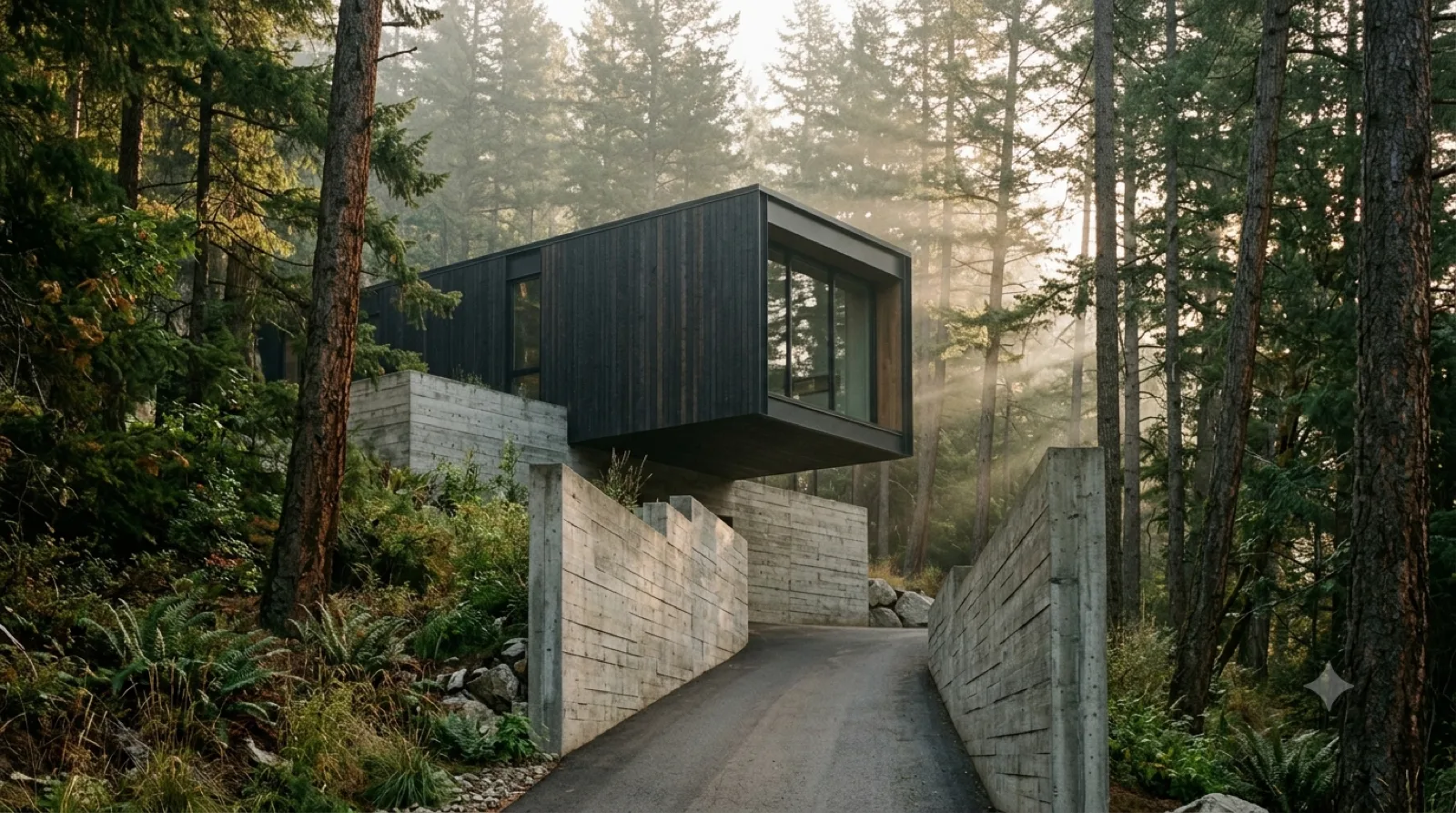 The Forest Cantilever — blackened-cedar box floating over board-formed concrete, backlit conifers, drive threading the walls
