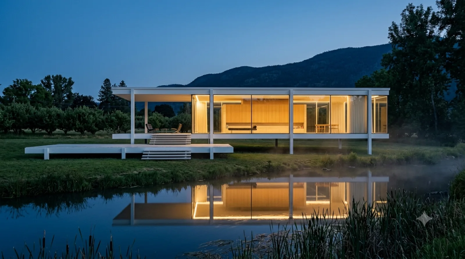 Across the creek — The full glass box parallel to the water, its lit interior and white slabs mirrored in the still creek.