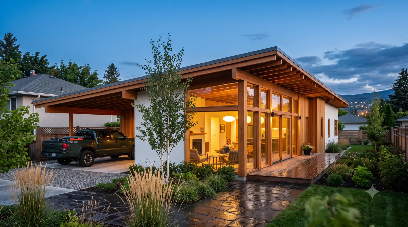 The Liljestrand — Vladimir Ossipoff's Liljestrand House rebuilt warm on a Kelowna lot, a very deep floating eave with exposed rafters shading a full-width lanai, cedar and white stucco, carport tucked beside