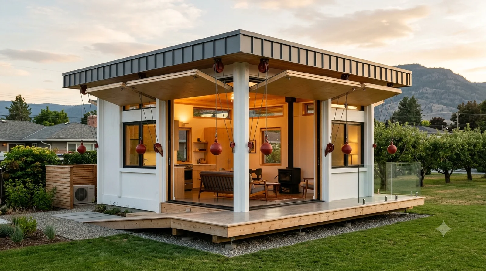 Walker Guest House on a Glenmore Lot — Rudolph, 1952: red counterweight balls lifting the flap shutters open on all four walls.