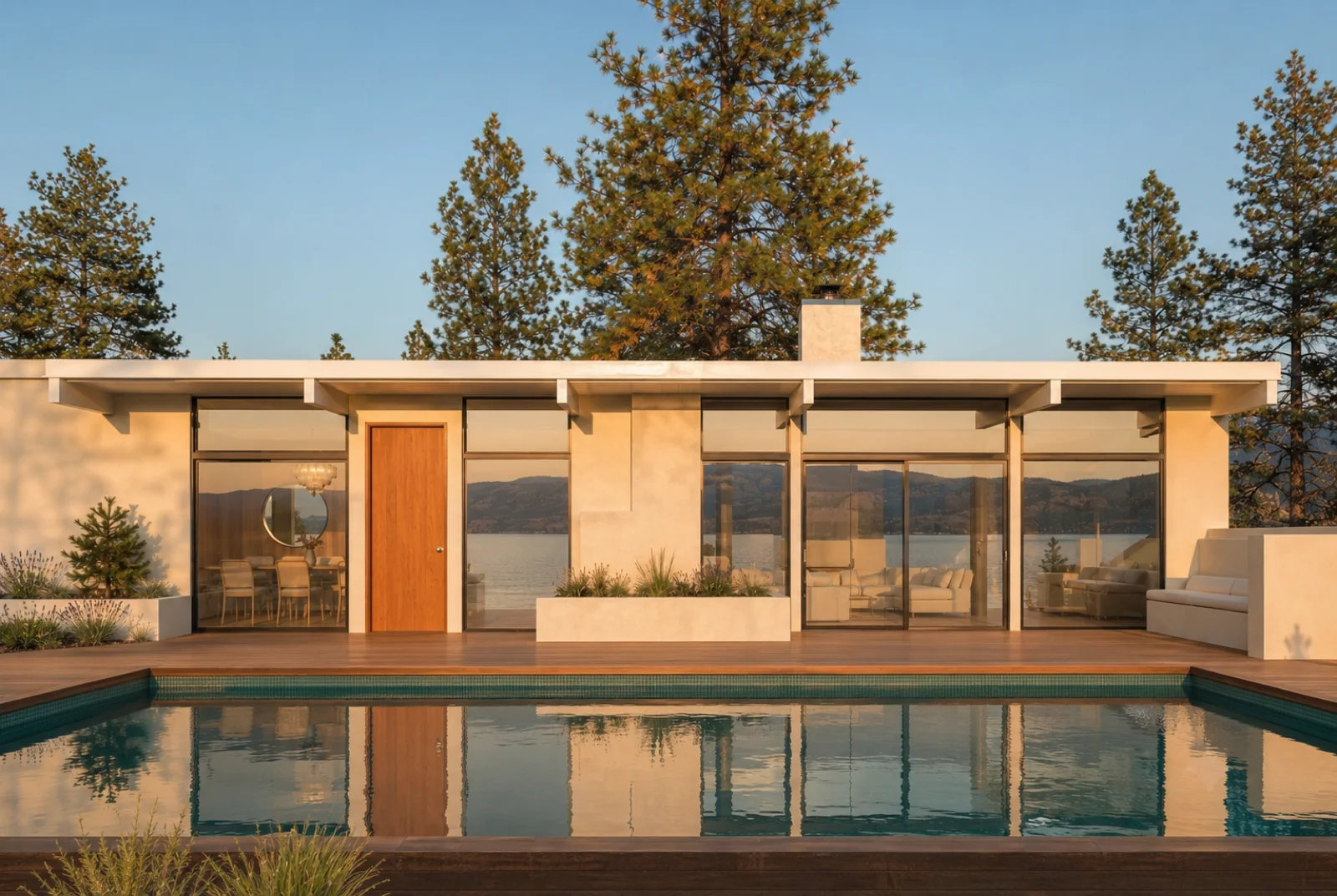 The orange door, A low bungalow bar behind the lap pool, a bold door, pines closing the far edge.