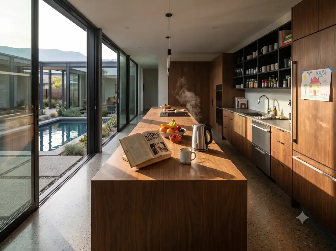 Case Study House #21 — Full kitchen — island to the courtyard