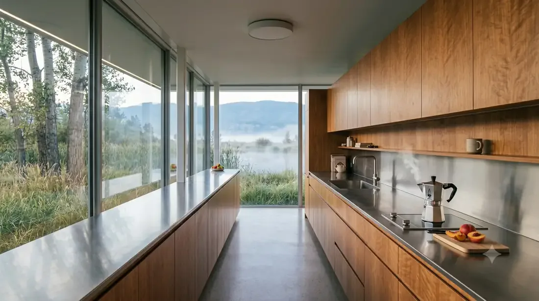 Farnsworth House — Galley kitchen — moka pot steaming, marsh mist through the glass