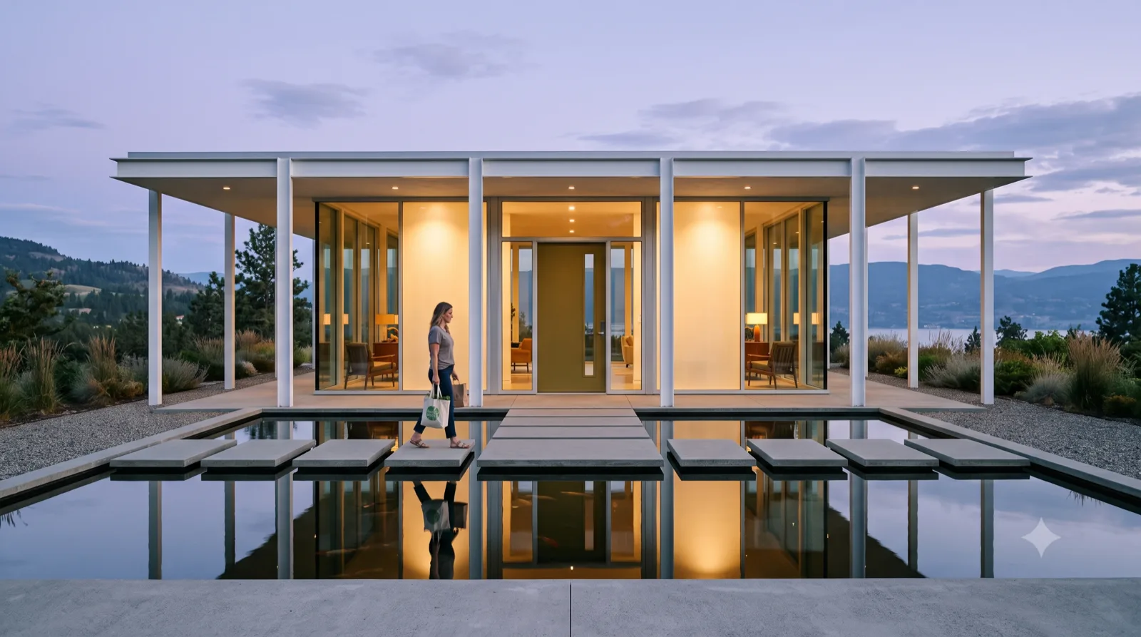 The Kettle Valley Pavilion — evening — slender white columns, entry reflecting pool, koi shadows