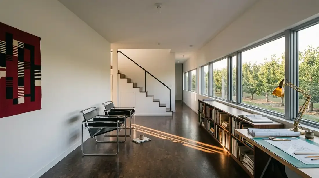Gropius House — Living room + study — ribbon window to the orchard, Bauhaus chrome