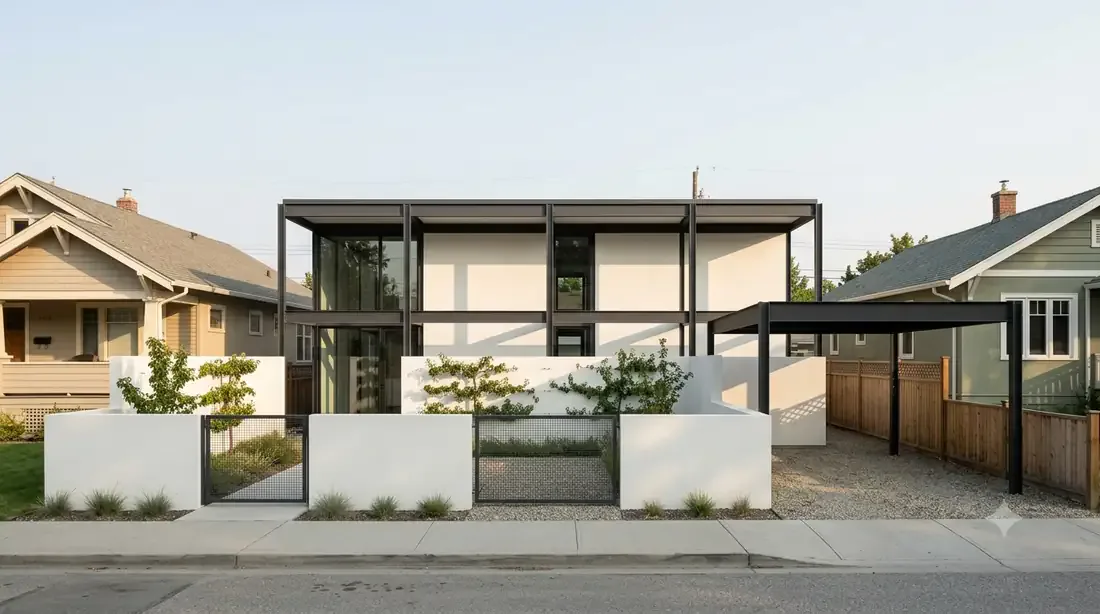 Ellwood Courtyard House — exposed steel grid, walled front courtyard, privacy from the street