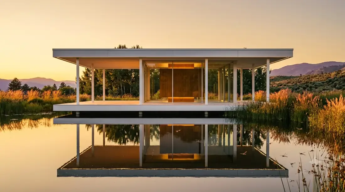 Farnsworth House — golden hour — plinth glowing amber, doubled in the still pond