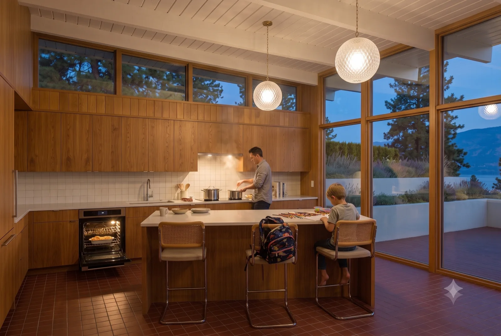 Cooking together, Globe pendants over the island, a parent and child at work, the glass wall open to the light.