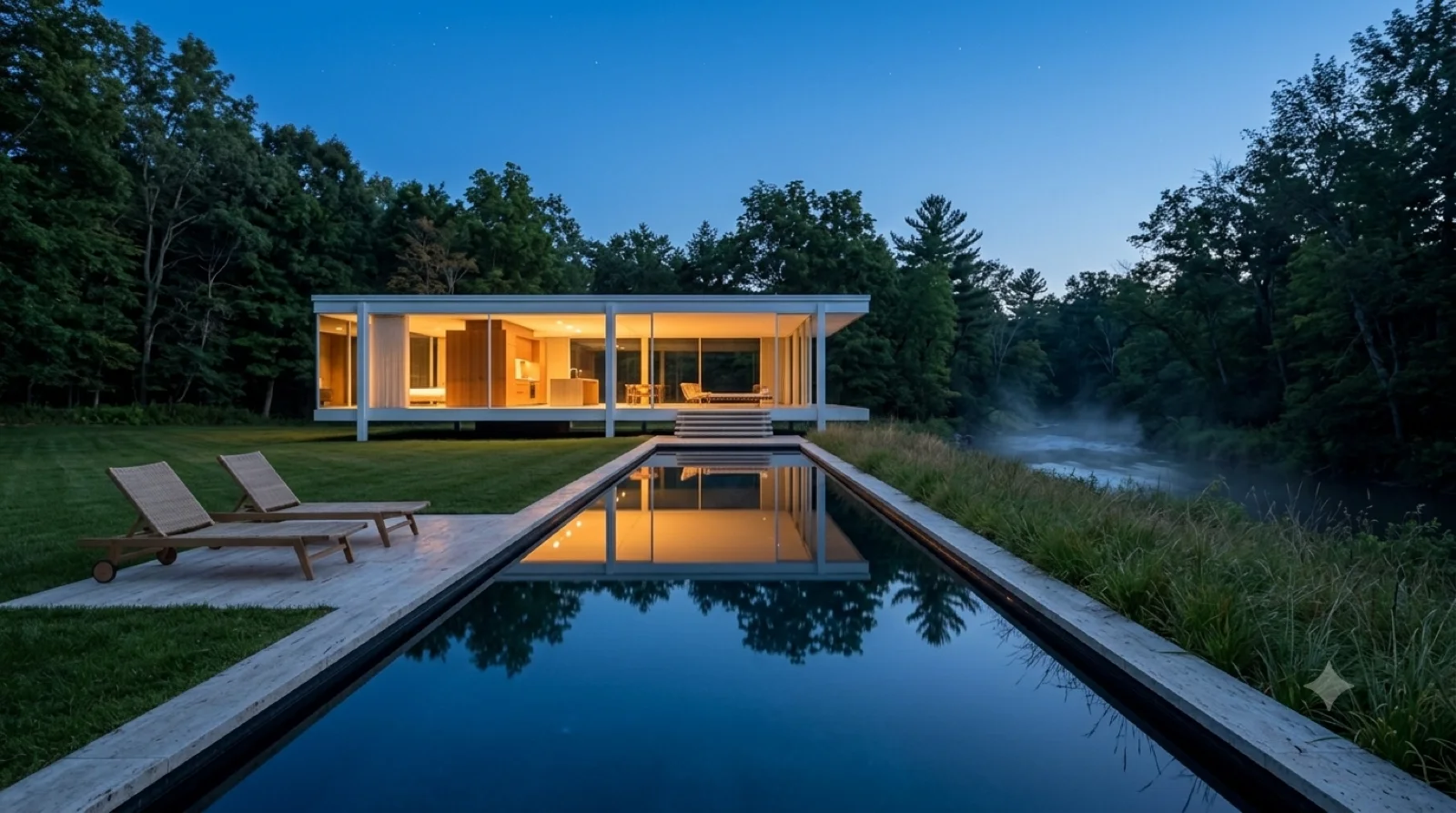 The pool — A slim black lap pool holding a mirror of the lit house, loungers, native grasses, mist on the creek.