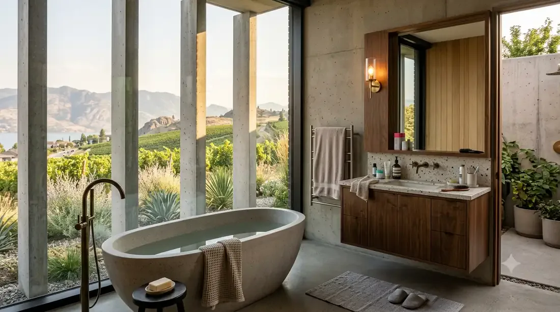 Kaufmann Desert House — Primary bathroom — concrete fins framing the vineyard