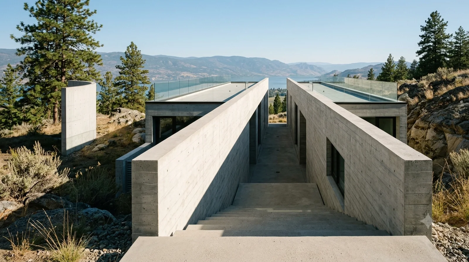 Koshino House — Ando, 1981: two concrete bars sunk into the slope with a stair running down between them.