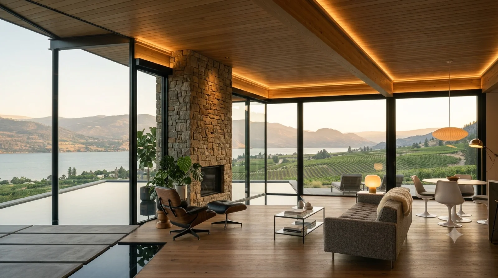 Kaufmann House, Reimagined — Neutra's Kaufmann Desert House glass-and-outrigger living room, rebuilt today over the Okanagan lake with a full-height stone chimney and mid-century furniture