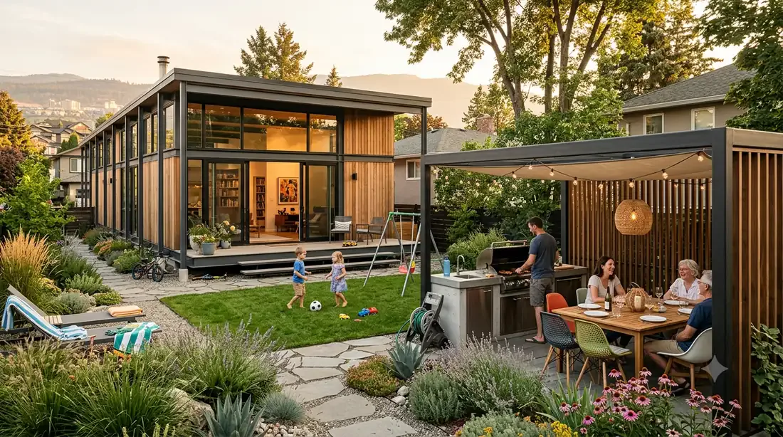 Case Study House #16 — rear garden at golden hour — dining pergola, built-in BBQ, family backyard