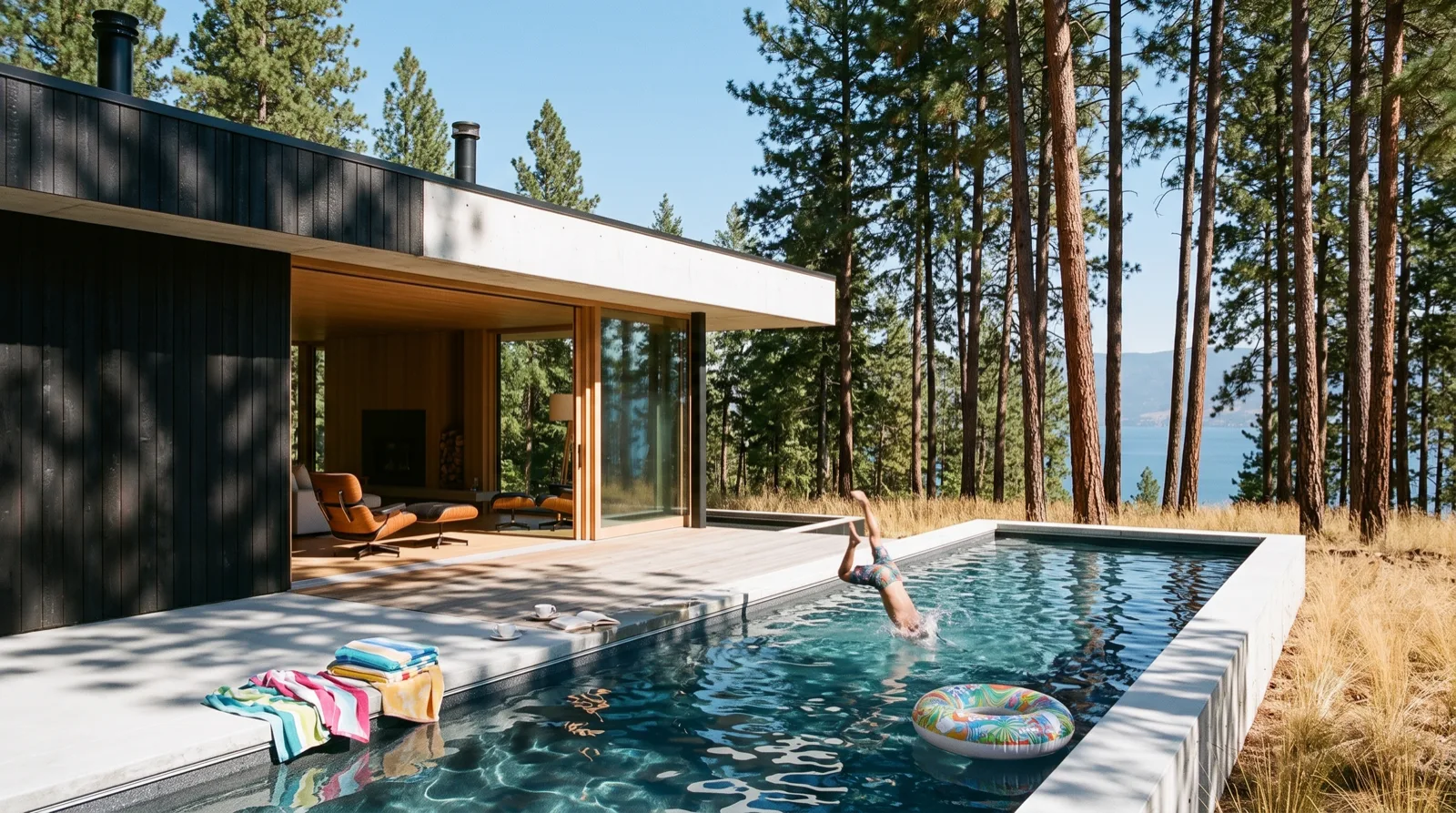 The Ponderosa Pavilion — sliders open to a shaded lap pool, dappled pine light, a wedge of blue lake through the trunks