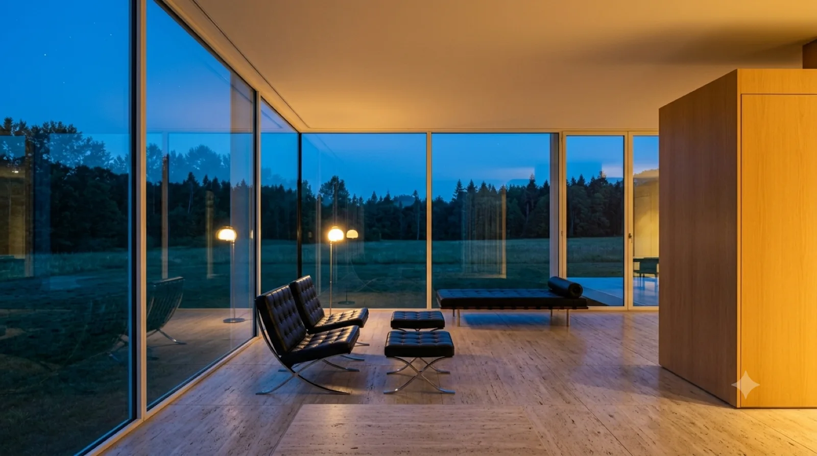Living area — Inside looking out to the dusk meadow: Barcelona chairs, a low daybed, the wood core, one warm floor lamp.