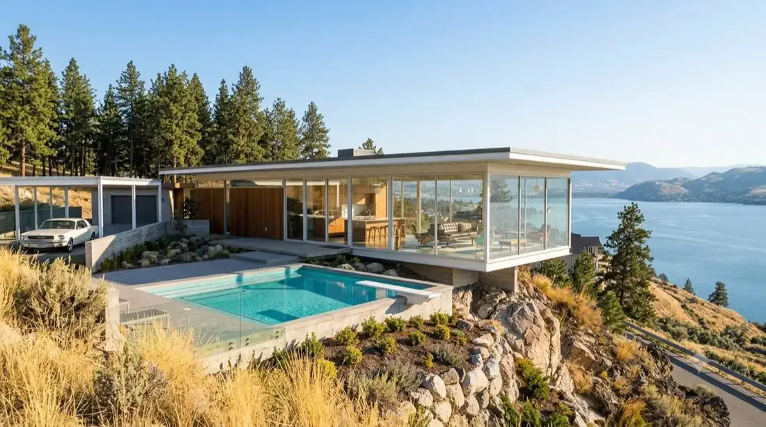 Stahl House — daylight — the L-plan glass pavilion wrapping the pool