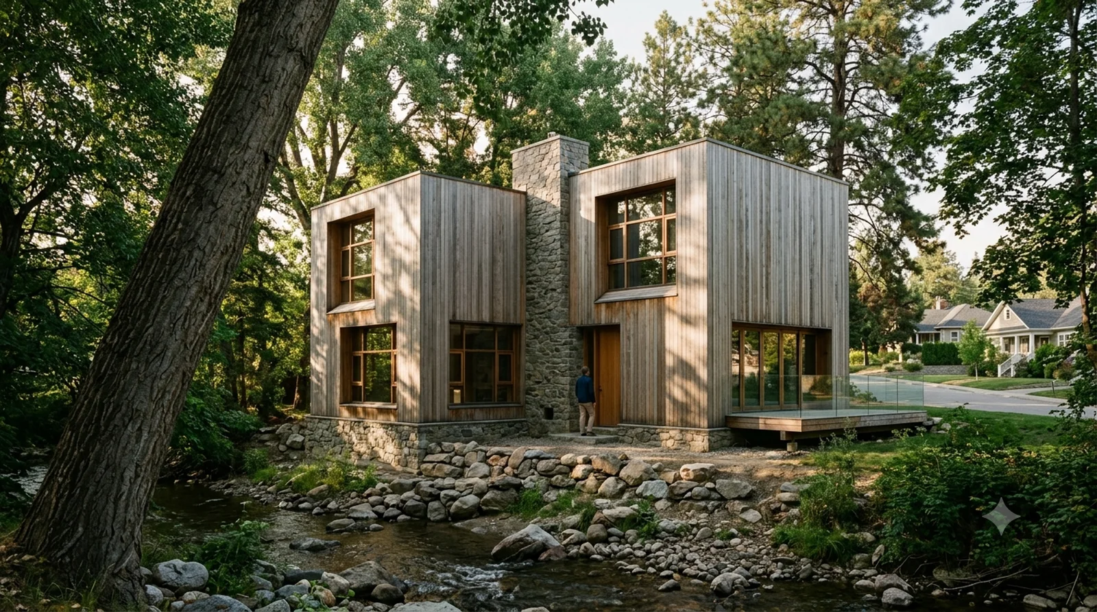 Fisher House — Kahn, 1967: two cypress cubes turned 45 degrees to each other, above Mission Creek.